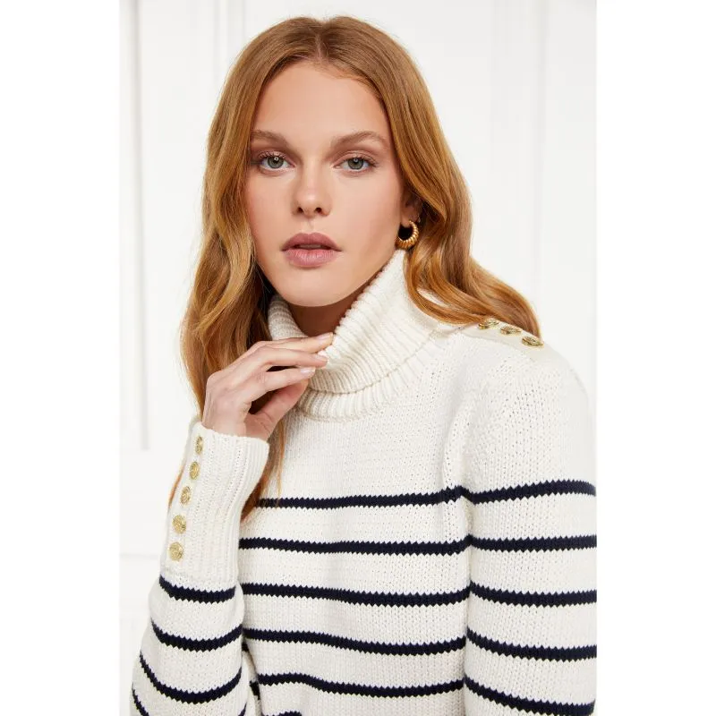 Holland Cooper Henley Striped Ladies Roll Neck Jumper - Natural/Ink Navy