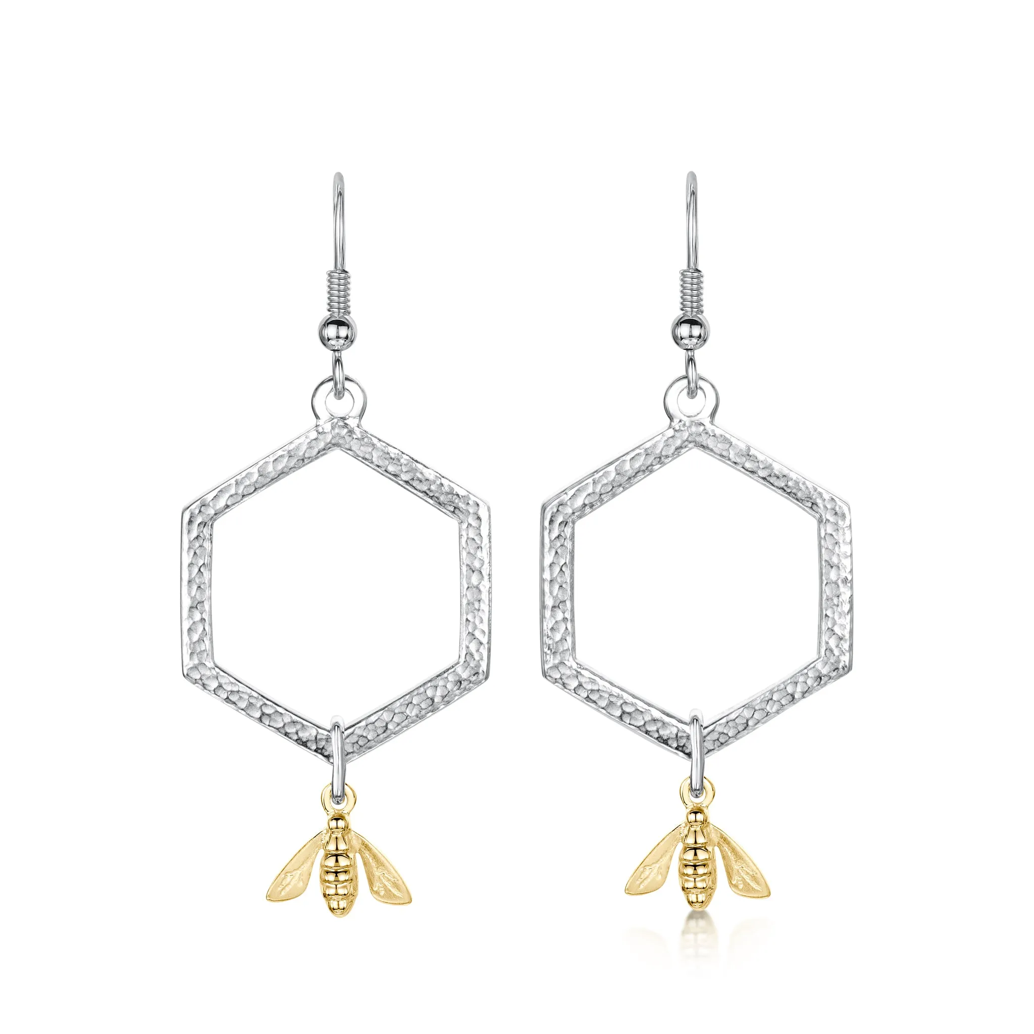 Honeycomb Medium Drop Earrings with 9ct Yellow Gold Bee