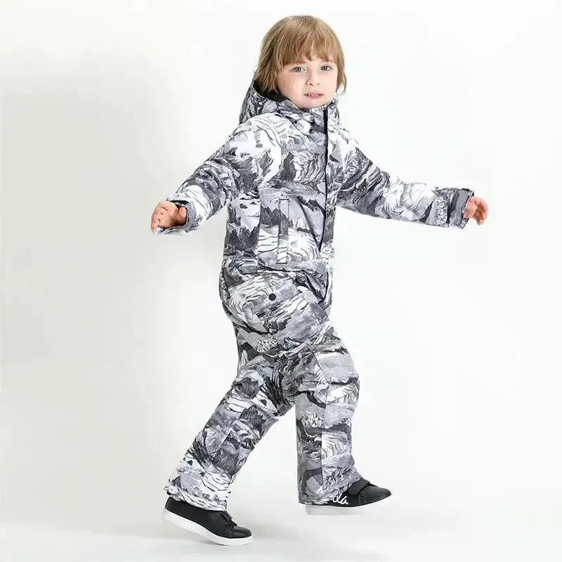 Kids Printed One Piece Ski Suit Outdoor Winter Snowsuits