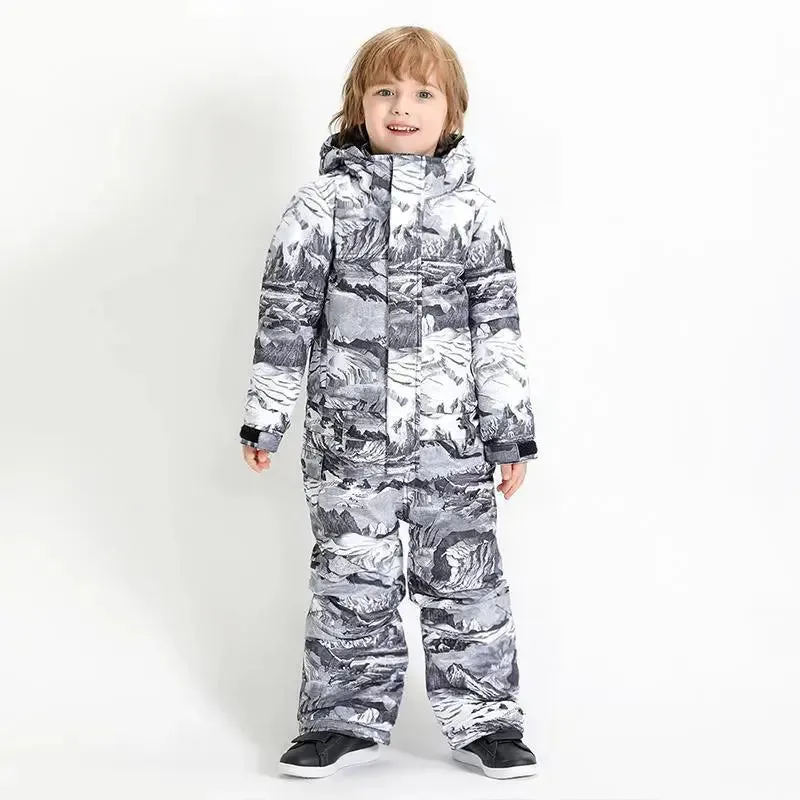 Kids Printed One Piece Ski Suit Outdoor Winter Snowsuits