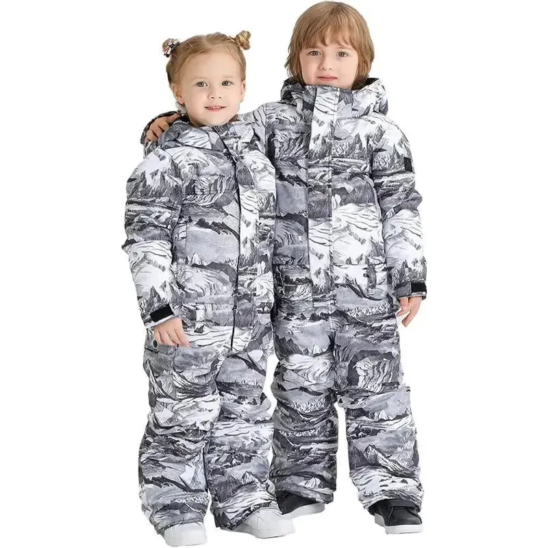 Kids Printed One Piece Ski Suit Outdoor Winter Snowsuits