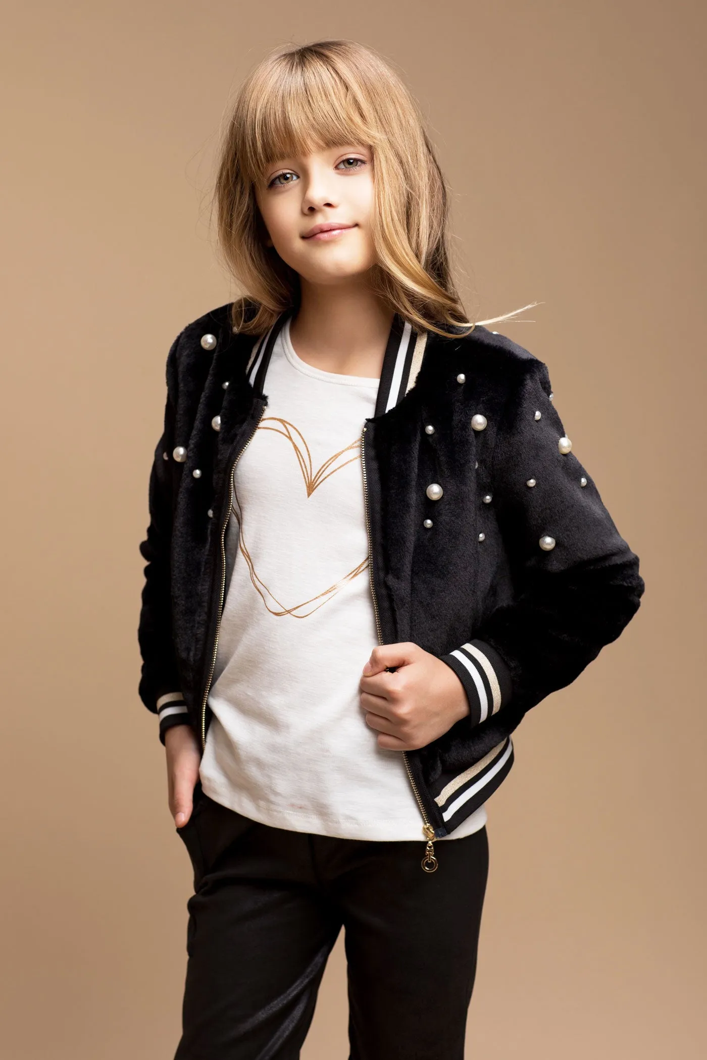 Little Girl's Luxe Faux Fur Pearl Bomber Jacket