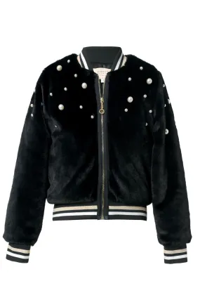 Little Girl's Luxe Faux Fur Pearl Bomber Jacket