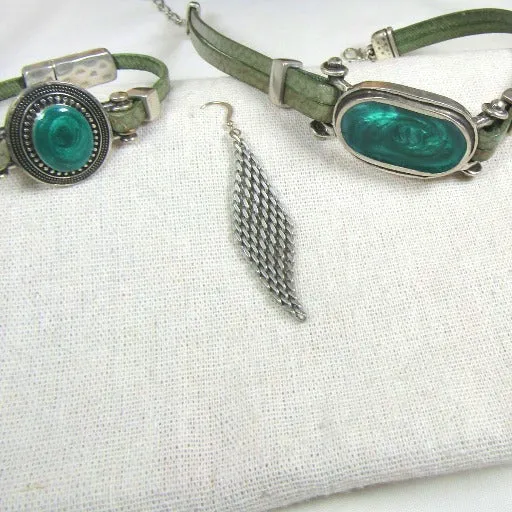 Lt. Green Leather Choker & Bracelet & Silver Earrings Jewelry Set