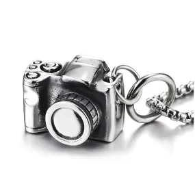 Mens Womens Stainless Steel Vintage Camera Pendant Necklace with 30 inches Wheat Chain, Unique