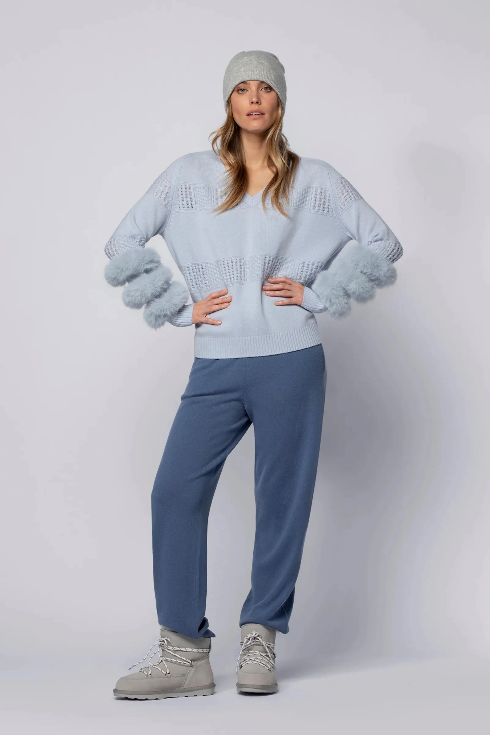 Pulpa Ciel Blue Cashmere Sweater With Fur Cuffs