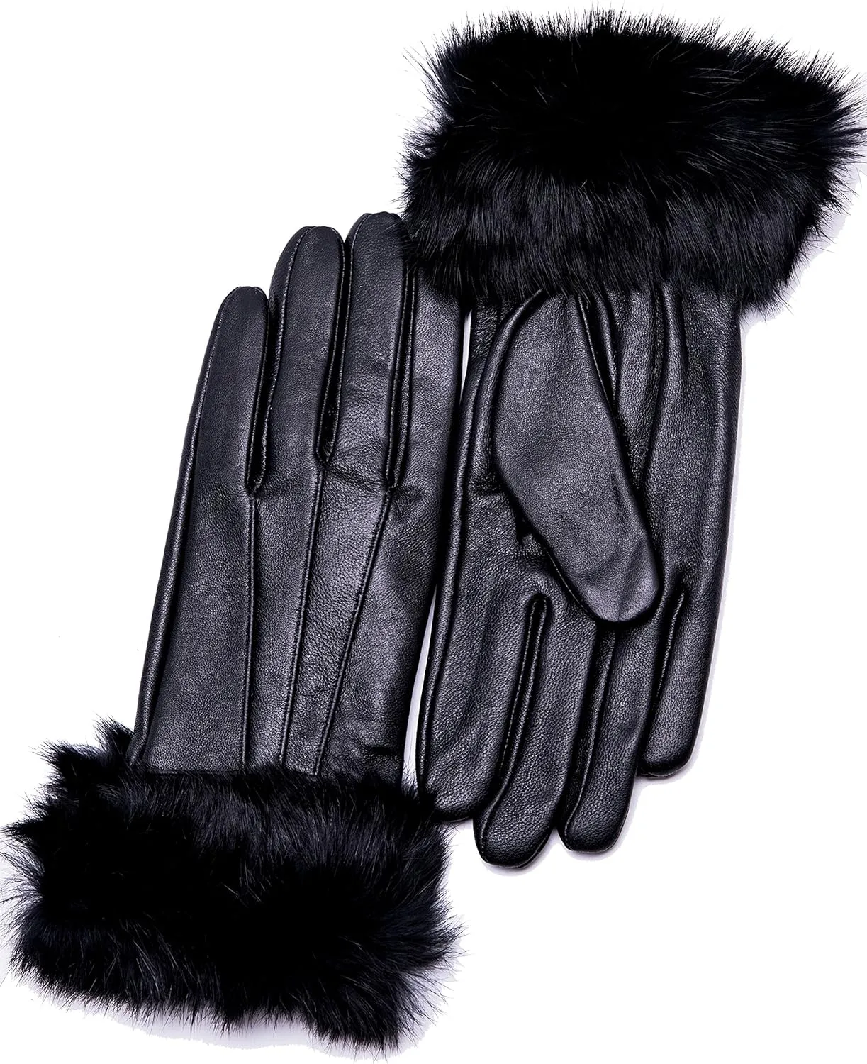 Real Leather Brown Flat Winter Gloves w/Rabbit Fur Cuffs