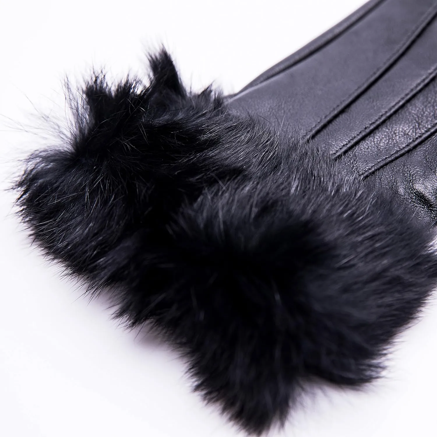 Real Leather Brown Flat Winter Gloves w/Rabbit Fur Cuffs