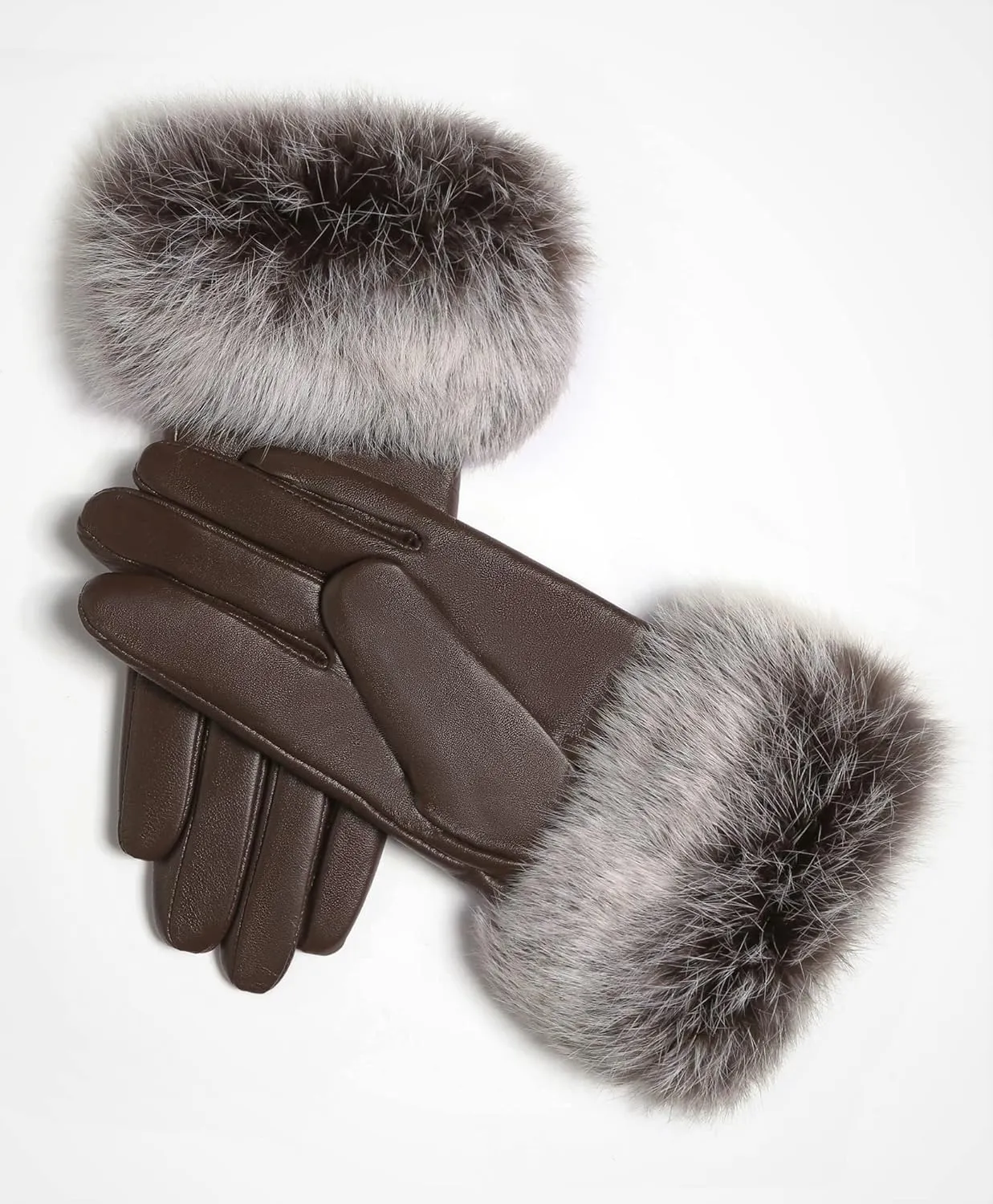 Real Leather Brown Flat Winter Gloves w/Rabbit Fur Cuffs