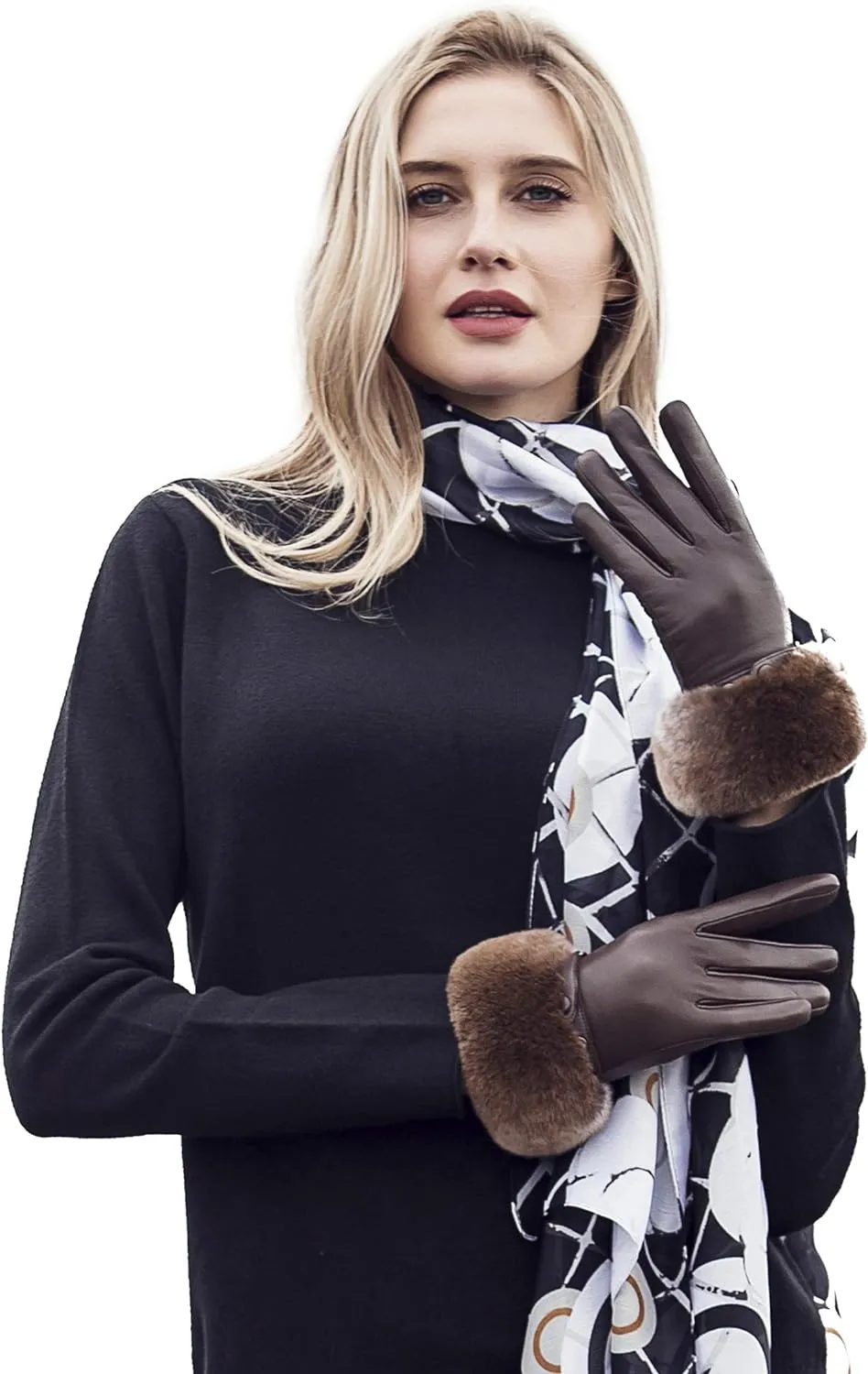 Real Leather Brown Flat Winter Gloves w/Rabbit Fur Cuffs