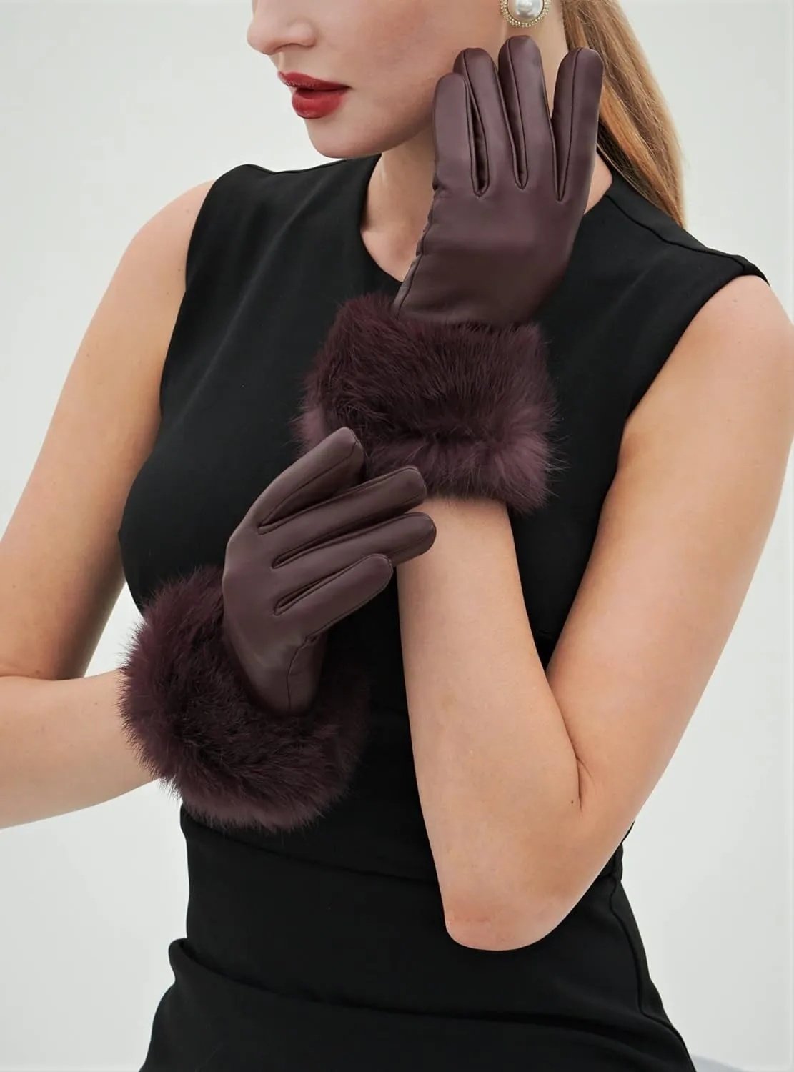 Real Leather Brown Flat Winter Gloves w/Rabbit Fur Cuffs