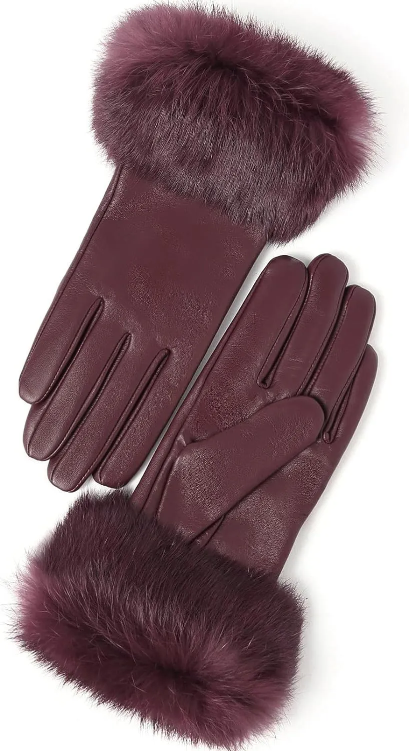 Real Leather Brown Flat Winter Gloves w/Rabbit Fur Cuffs