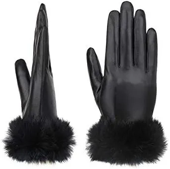 Real Leather Burgundy Red Buckle Winter Gloves w/Rabbit Fur Cuffs