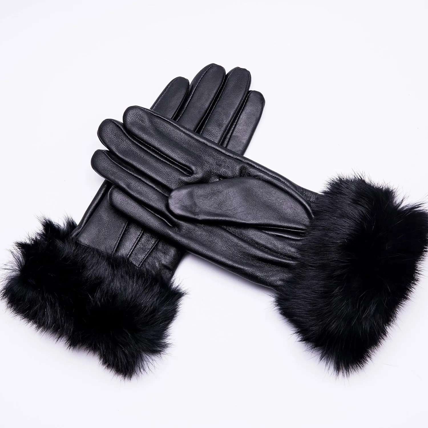 Real Leather Burgundy Red Buckle Winter Gloves w/Rabbit Fur Cuffs