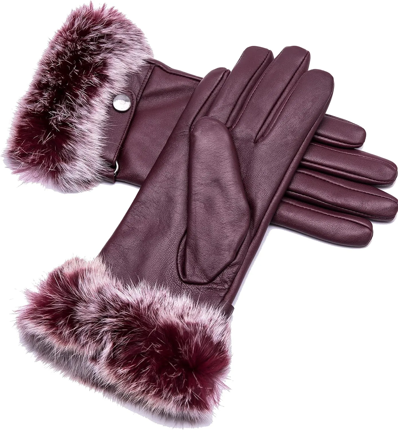 Real Leather Burgundy Red Buckle Winter Gloves w/Rabbit Fur Cuffs