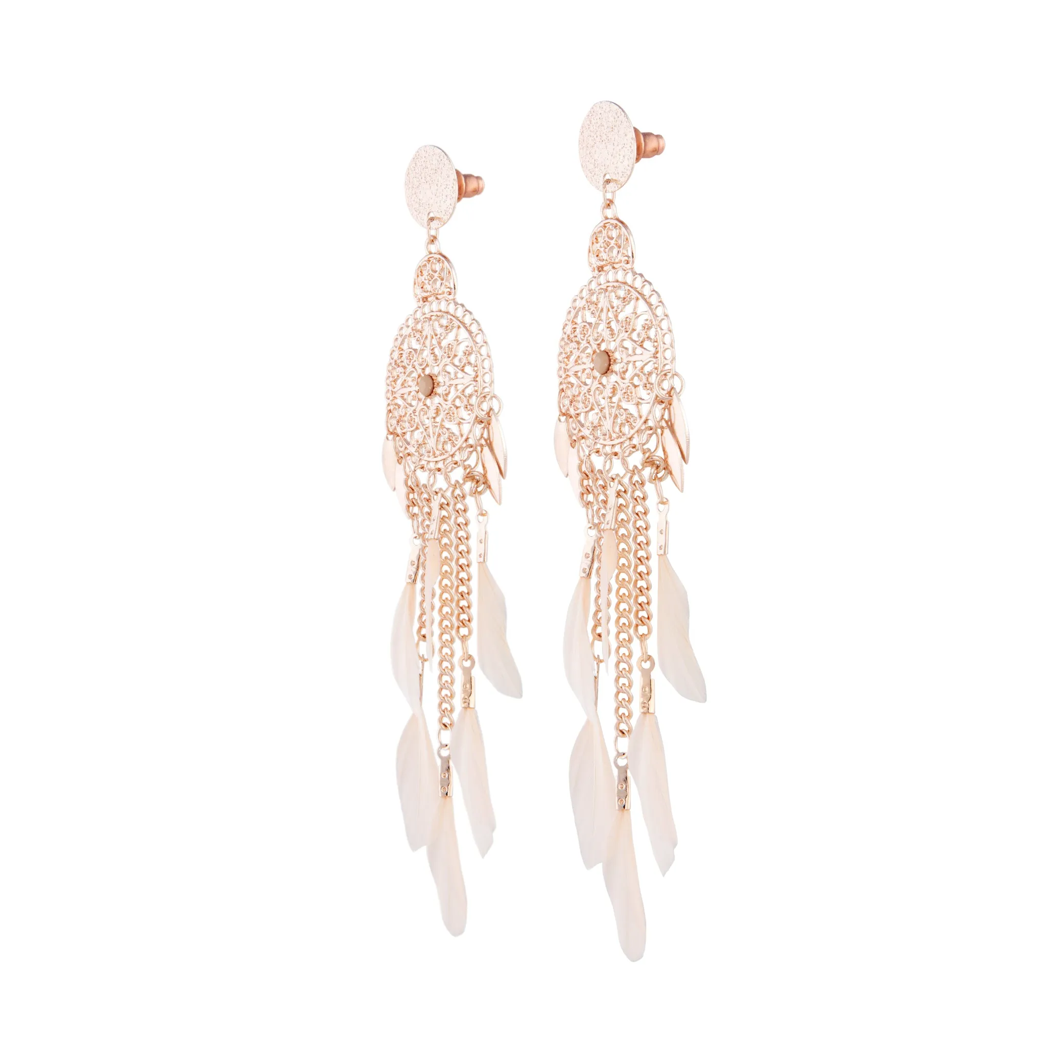 Rose Gold Pink Filigree Cascade Feather Earrings