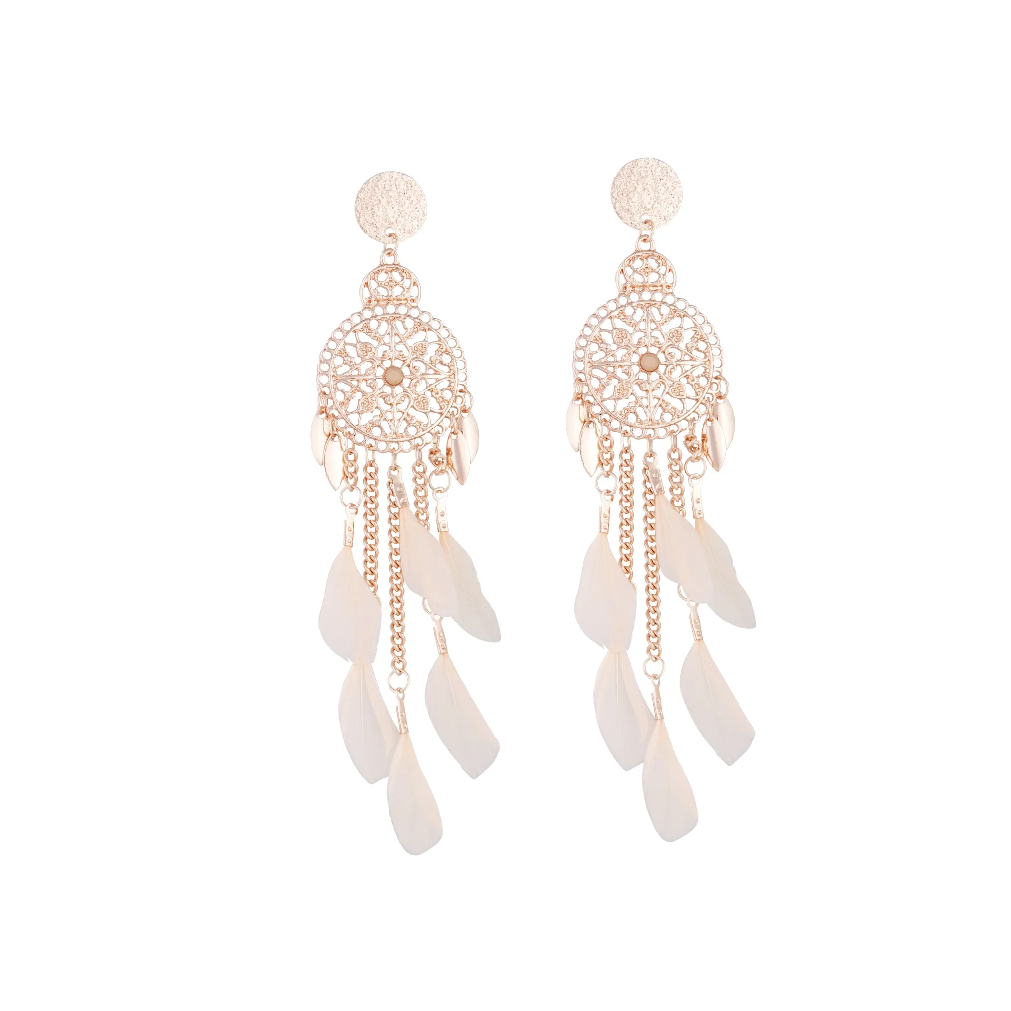 Rose Gold Pink Filigree Cascade Feather Earrings