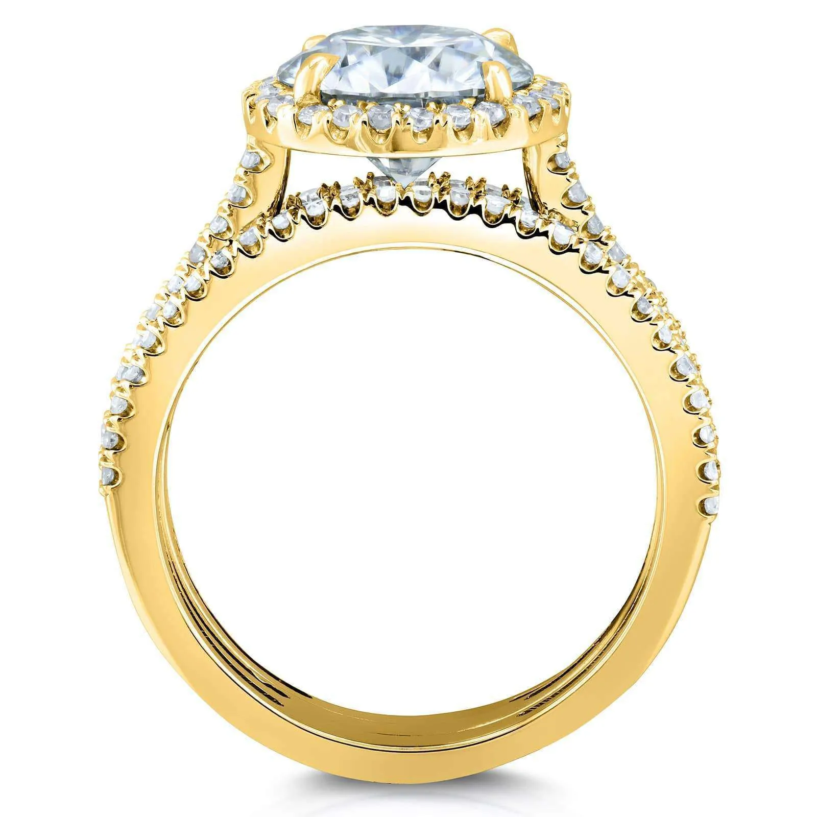 Round Brilliant Moissanite and Diamond Halo 3-Piece Bridal Rings Set 2 1/2 CTW 14k Yellow Gold