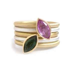 Silver, 18ct Gold Pink Sapphire and Green Tourmaline Stacking Ring Set