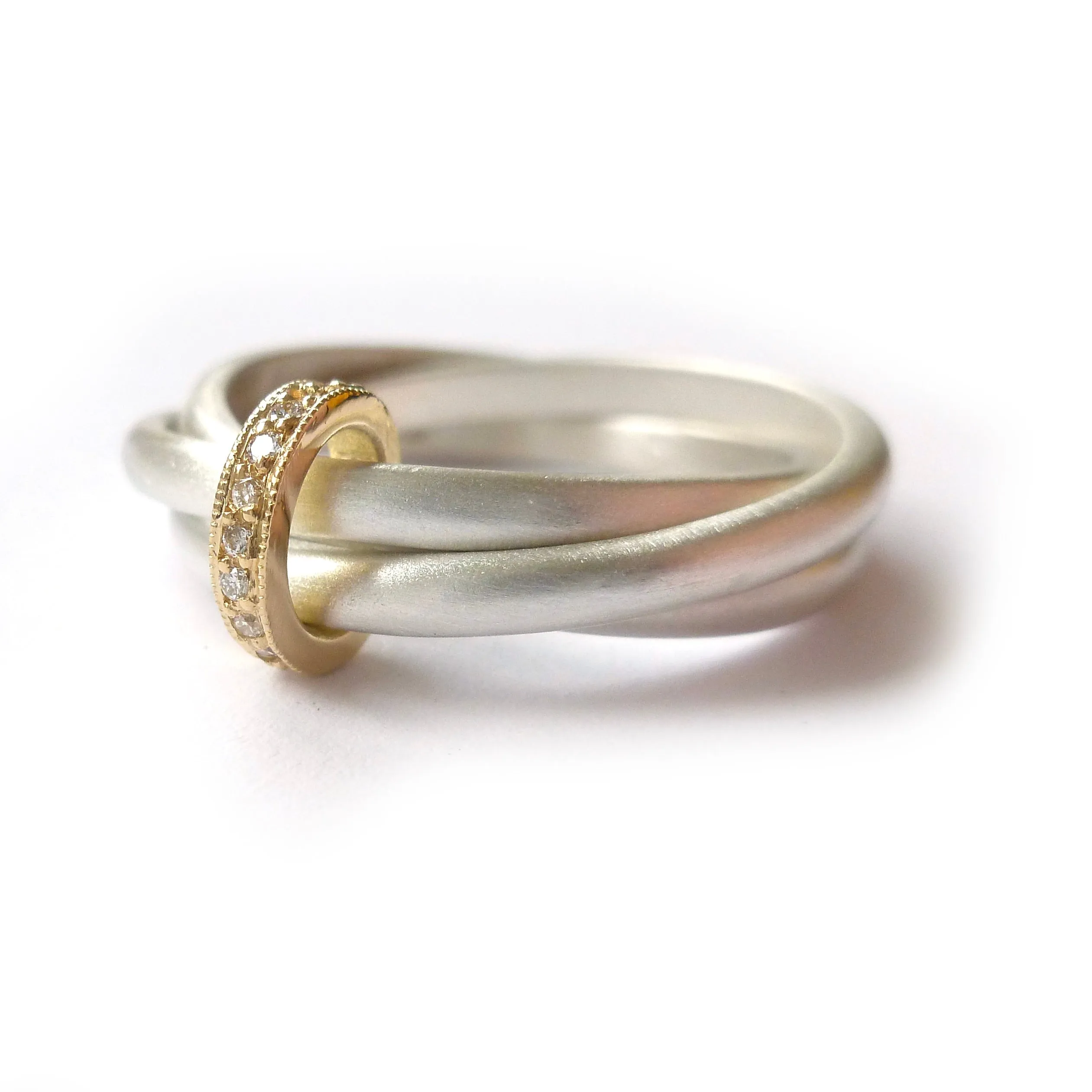 Silver, 18ct gold ring with 9 diamonds - size N