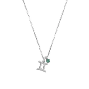 Silver Mini Gemini Horoscope & Emerald Birthstone Necklace