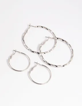 Silver Plain Text Hoop Earring Set