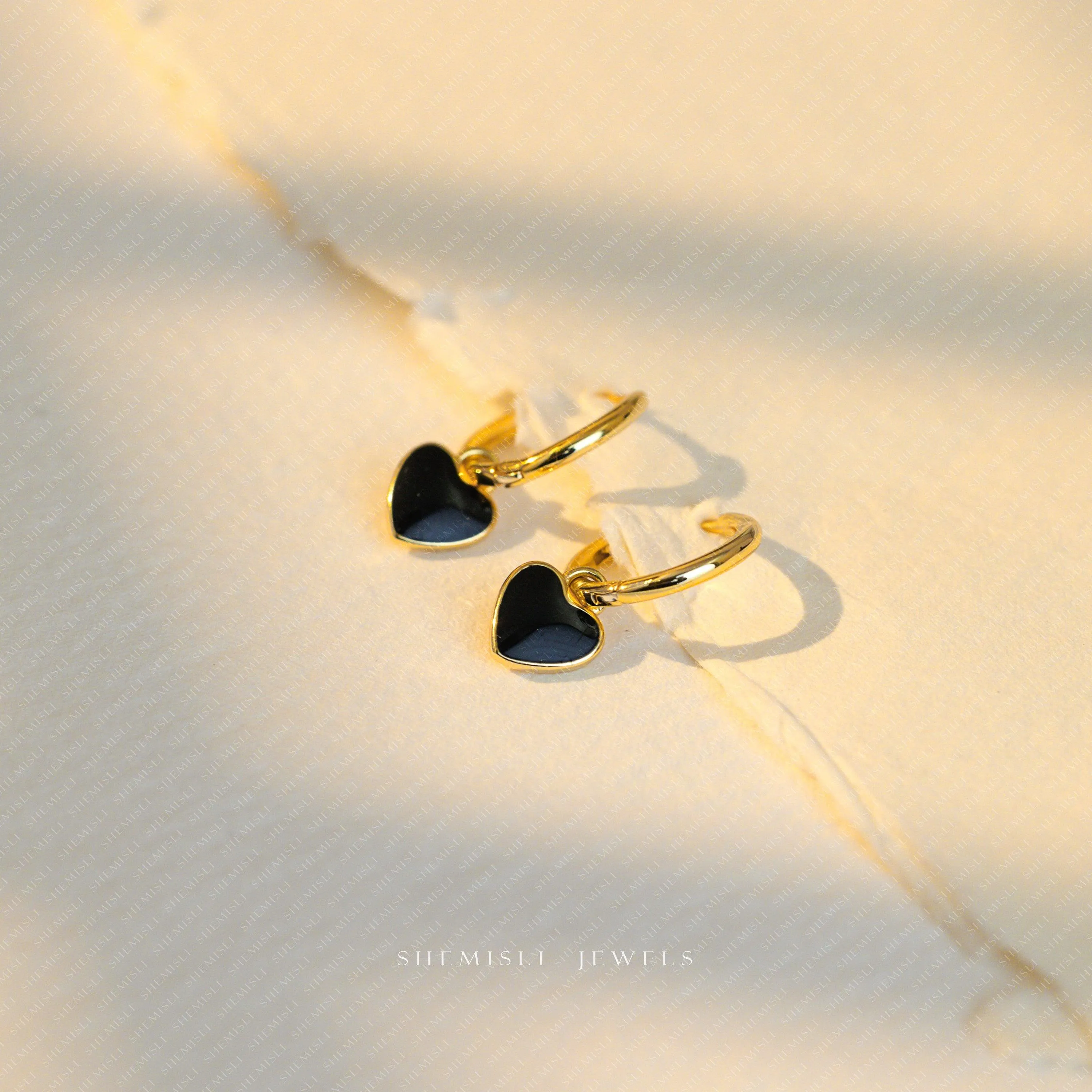 Small Black Enamel Heart Hoop Earrings, Heart Shape Huggies, Gold, Silver SHEMISLI - SH483