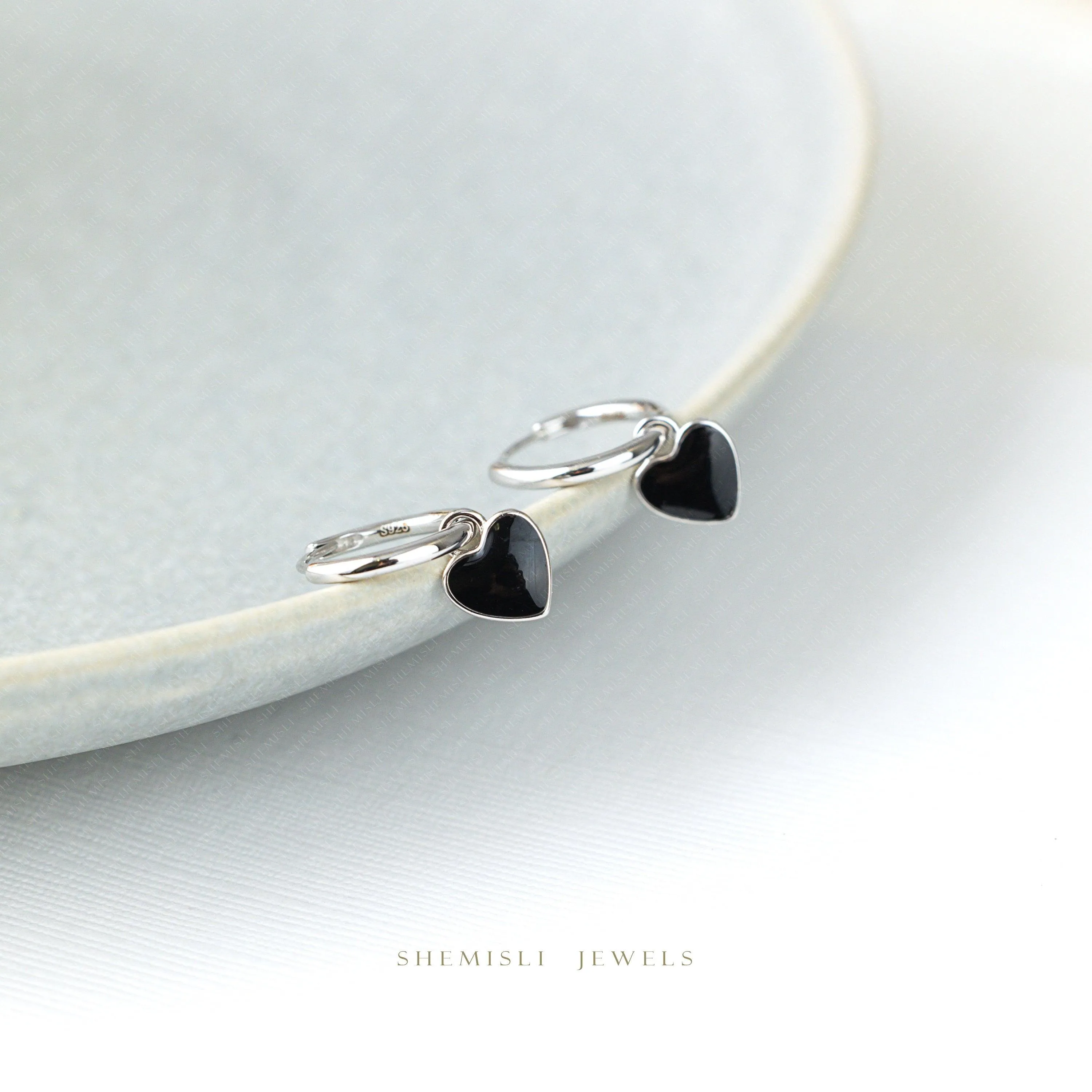 Small Black Enamel Heart Hoop Earrings, Heart Shape Huggies, Gold, Silver SHEMISLI - SH483