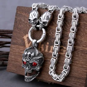 Stainless Steel Red Eye Skull Pendant With Skull Square Chain Viking Necklace