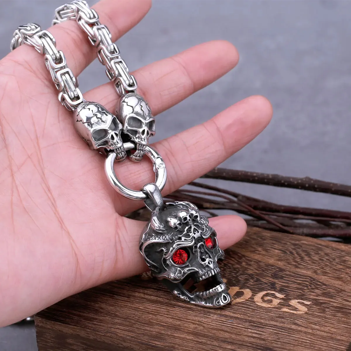 Stainless Steel Red Eye Skull Pendant With Skull Square Chain Viking Necklace