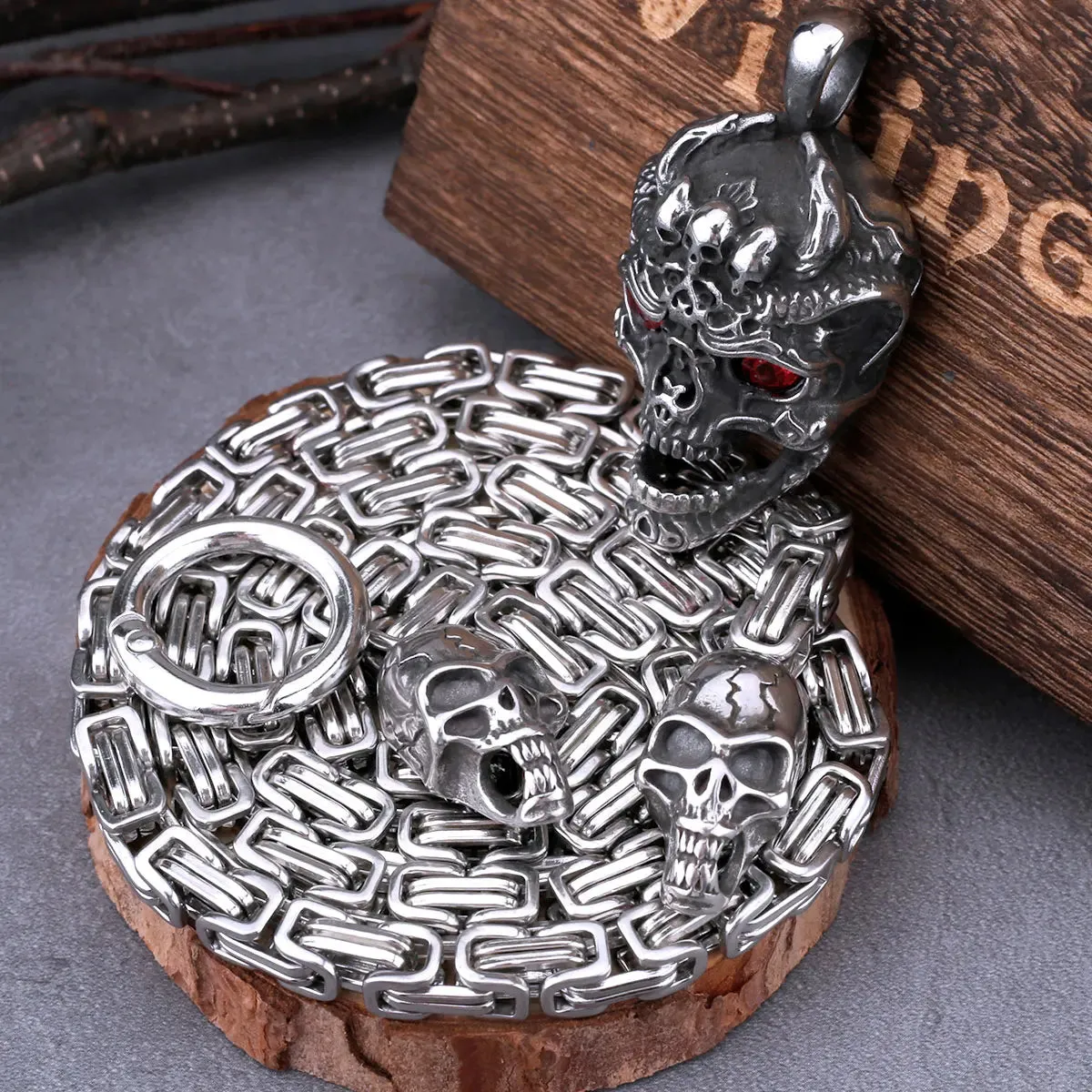 Stainless Steel Red Eye Skull Pendant With Skull Square Chain Viking Necklace