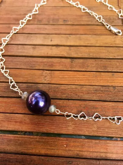 Sterling silver heart chain with a purple south sea pearl and labradorite choker