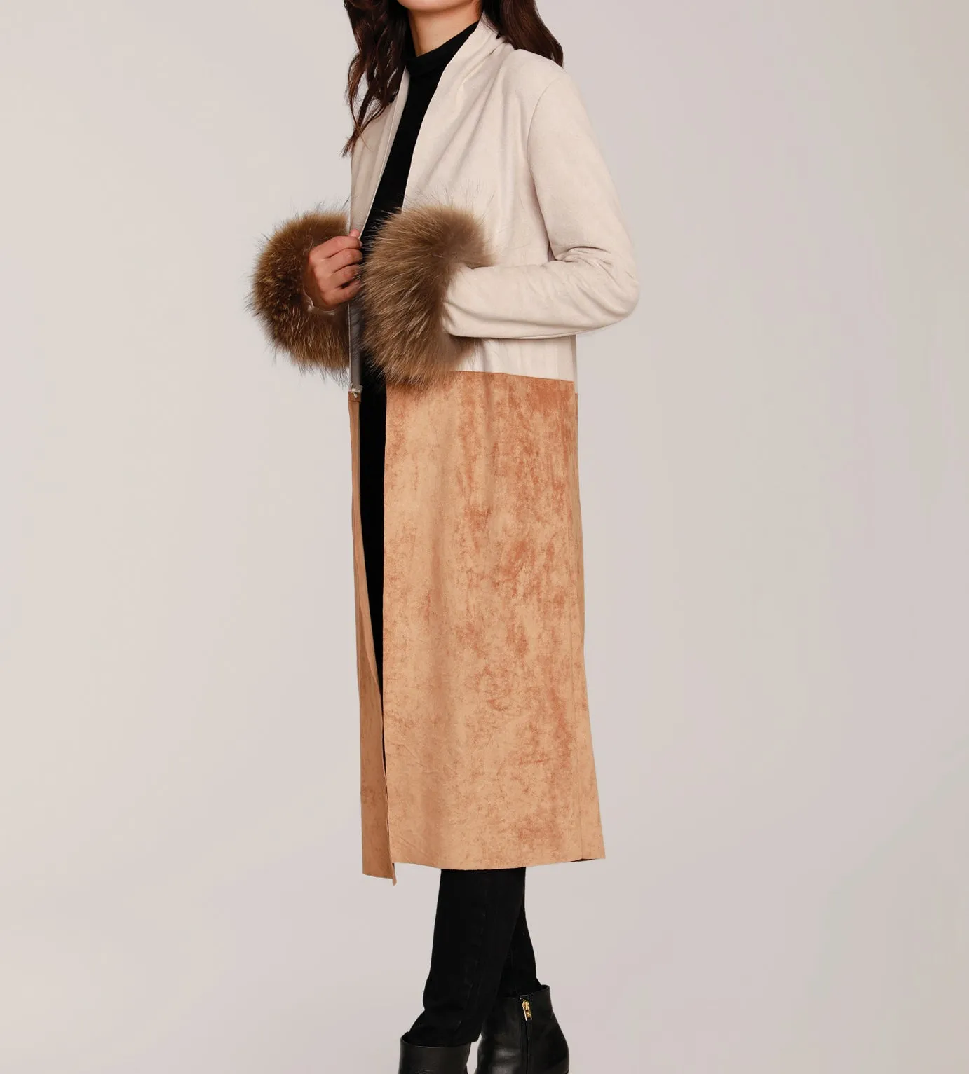 Suede Cardigan with Fur Cuffs