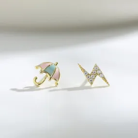 Tiny Umbrella and Flash Earrings| Studs| Enameled earrings| Sterling Silver| Mismatched earrings| Gold studs