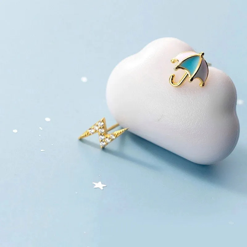 Tiny Umbrella and Flash Earrings| Studs| Enameled earrings| Sterling Silver| Mismatched earrings| Gold studs