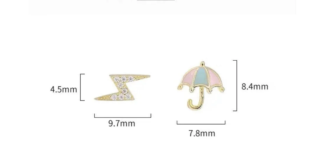 Tiny Umbrella and Flash Earrings| Studs| Enameled earrings| Sterling Silver| Mismatched earrings| Gold studs