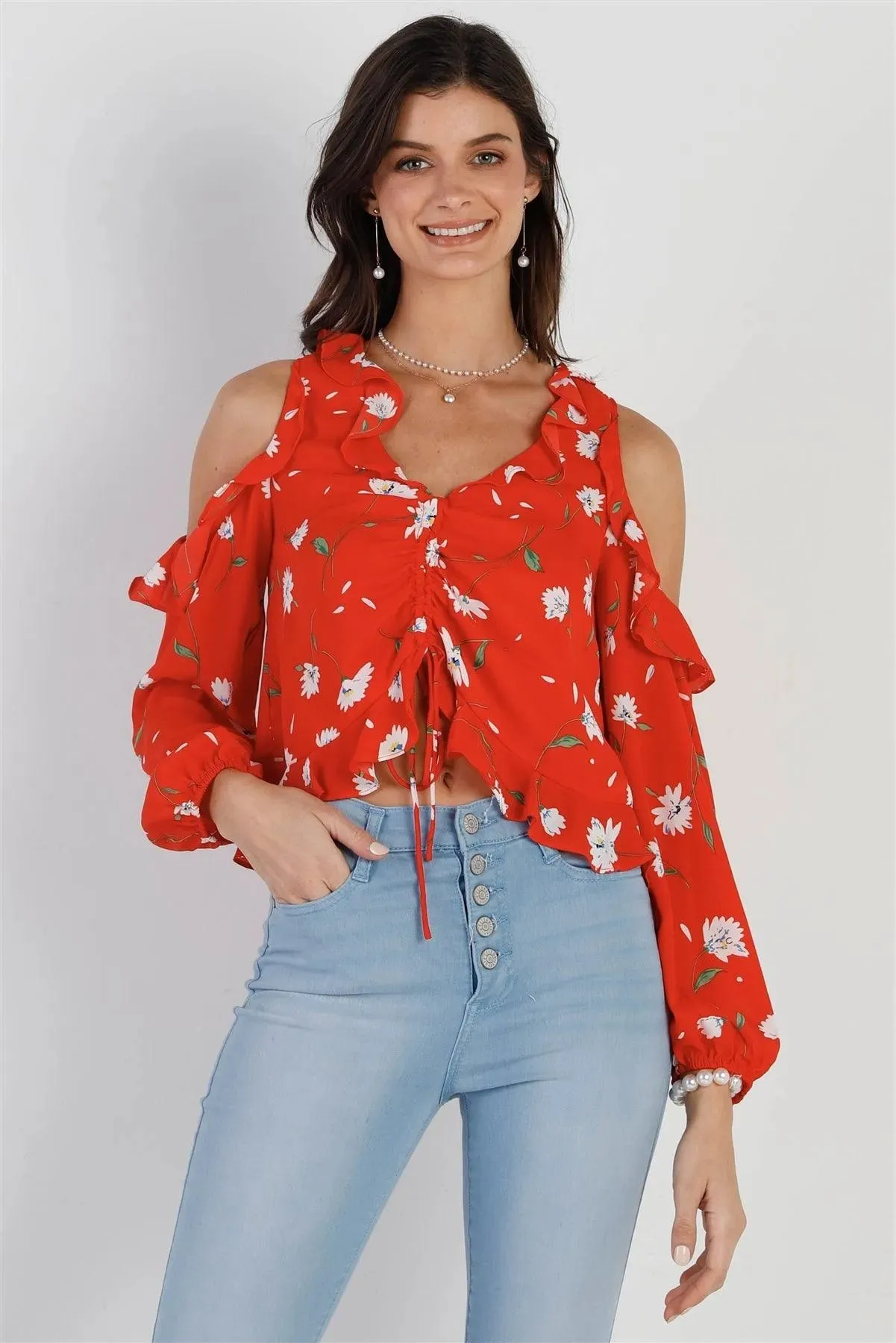 Tomato Red Flower Print Off-The-Shoulder Ruffle Trim Ruched Front Detail Crop Top /1-2-2-1