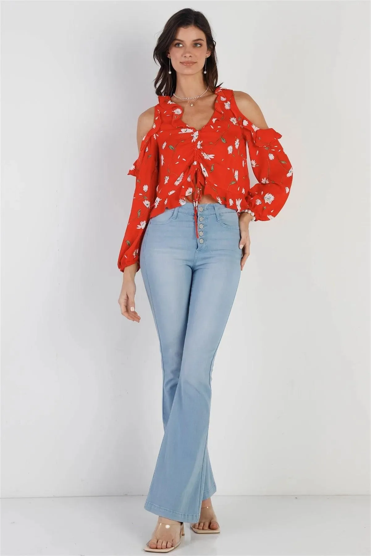 Tomato Red Flower Print Off-The-Shoulder Ruffle Trim Ruched Front Detail Crop Top /1-2-2-1