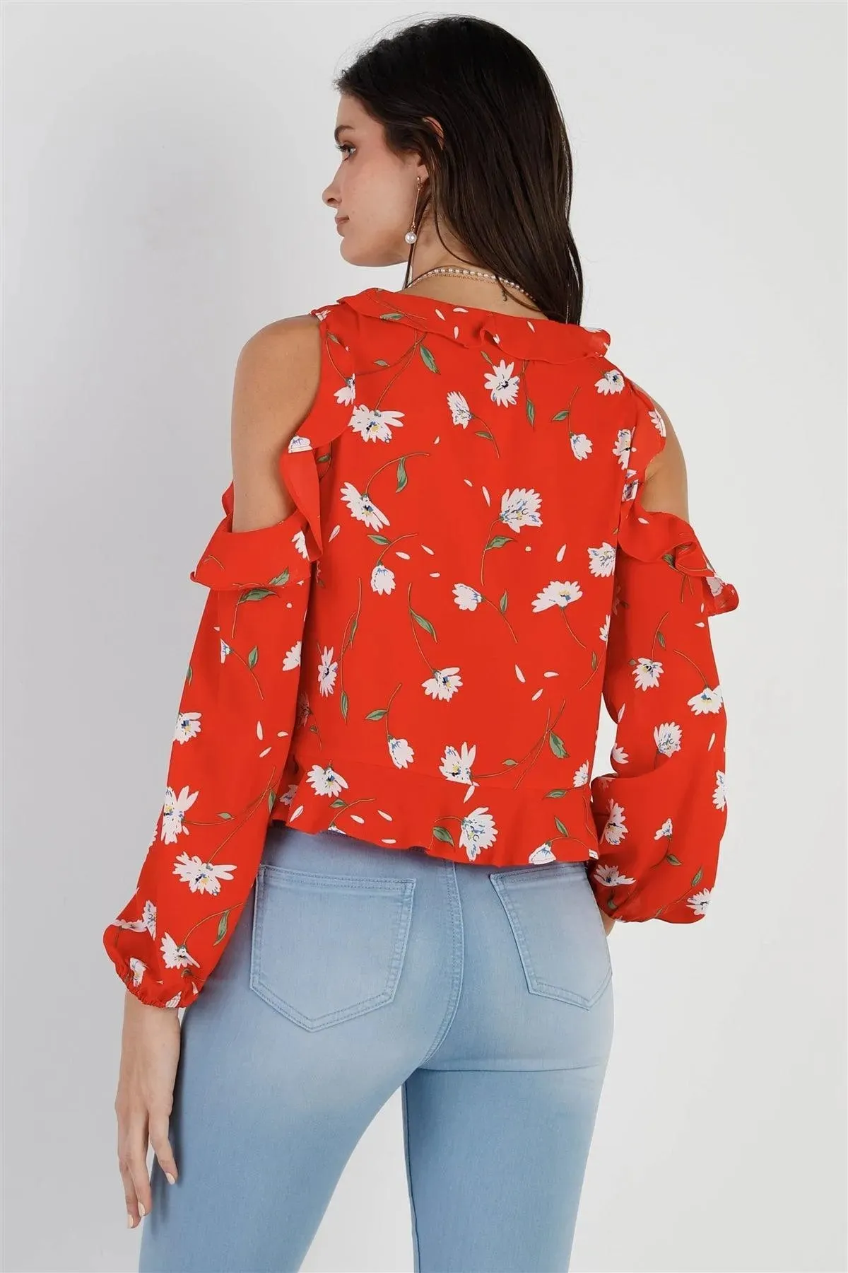 Tomato Red Flower Print Off-The-Shoulder Ruffle Trim Ruched Front Detail Crop Top /1-2-2-1