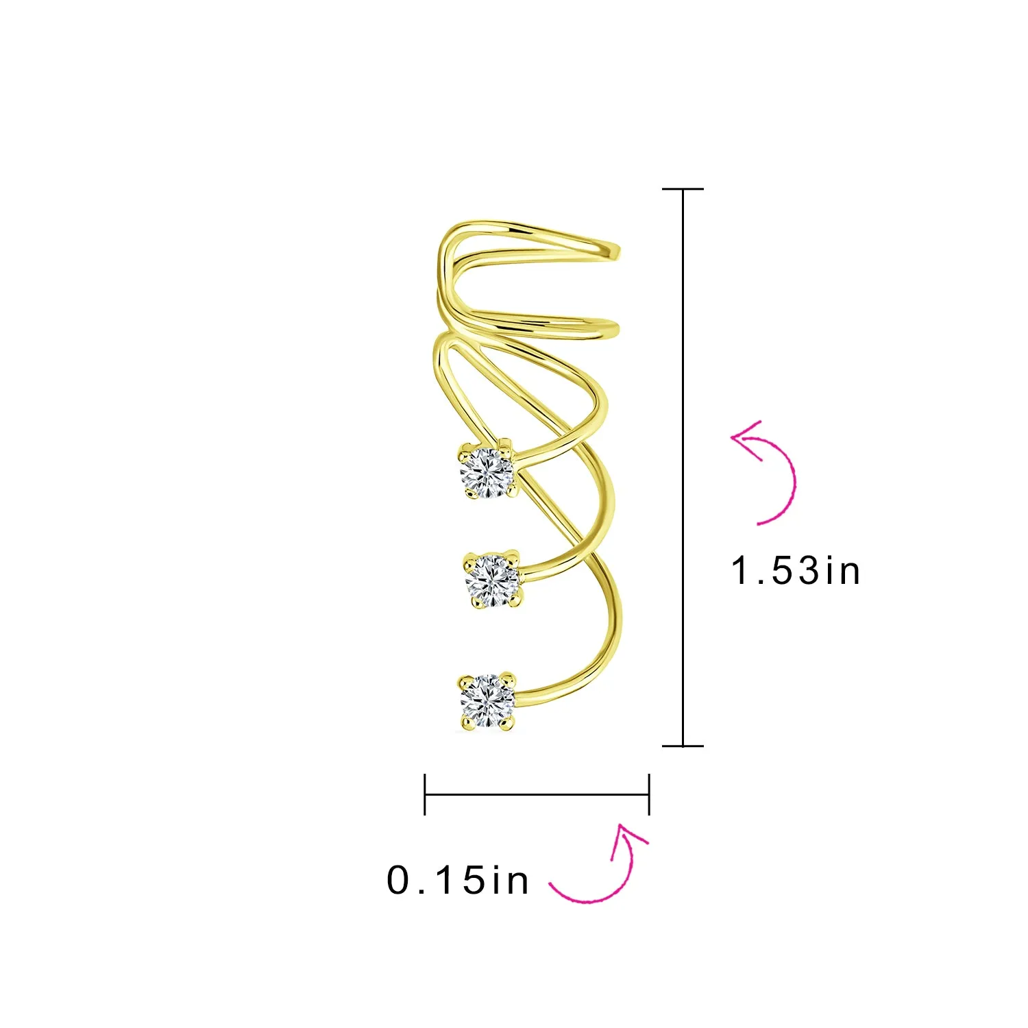 Triple Spiral CZ Curved Crawlers Ear Cuff Cartilage Earrings 14K Gold Plated Silver