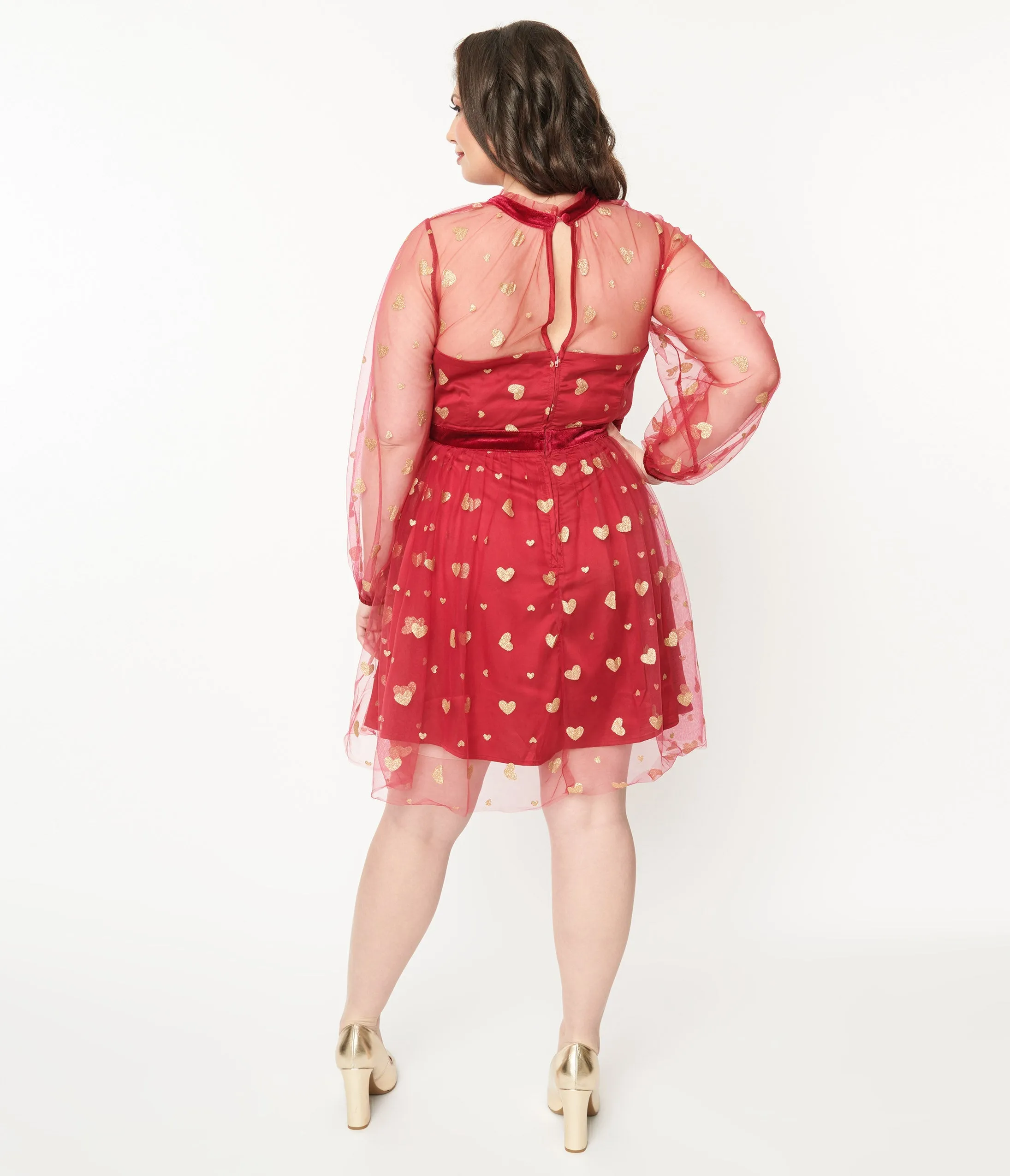 Unique Vintage Plus Size Red & Gold Glitter Heart Flare Dress