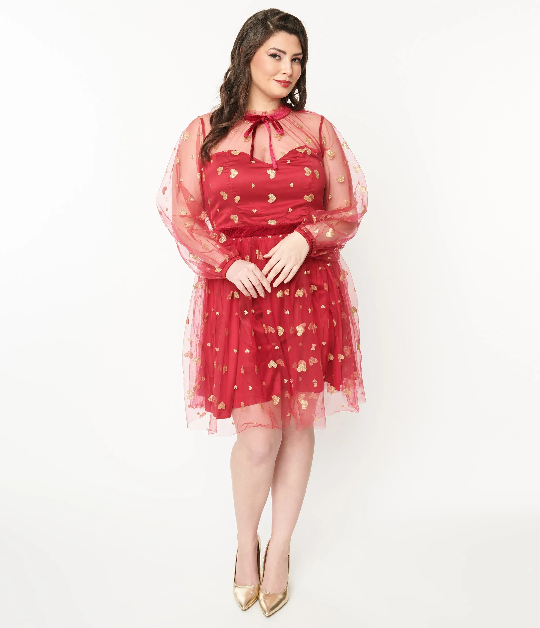 Unique Vintage Plus Size Red & Gold Glitter Heart Flare Dress