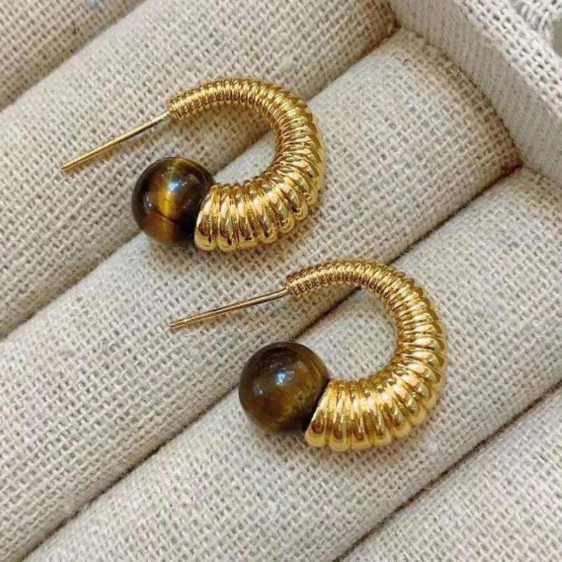 VAIGE Vintage Geometric Hoop Earrings with Rich Brown Stone