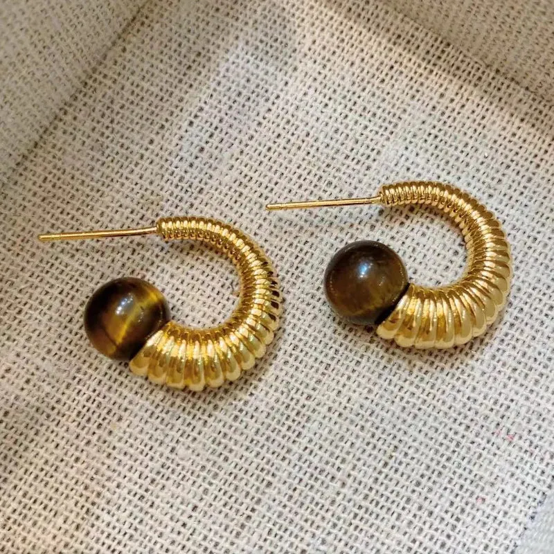 VAIGE Vintage Geometric Hoop Earrings with Rich Brown Stone