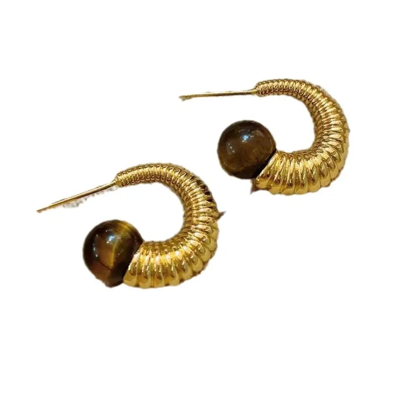 VAIGE Vintage Geometric Hoop Earrings with Rich Brown Stone