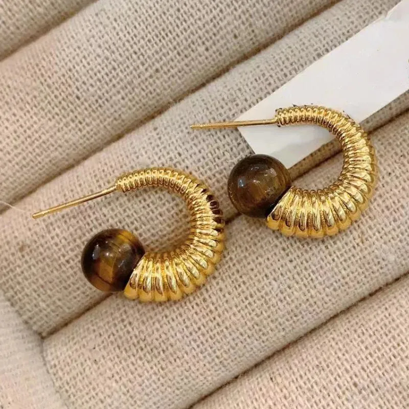 VAIGE Vintage Geometric Hoop Earrings with Rich Brown Stone