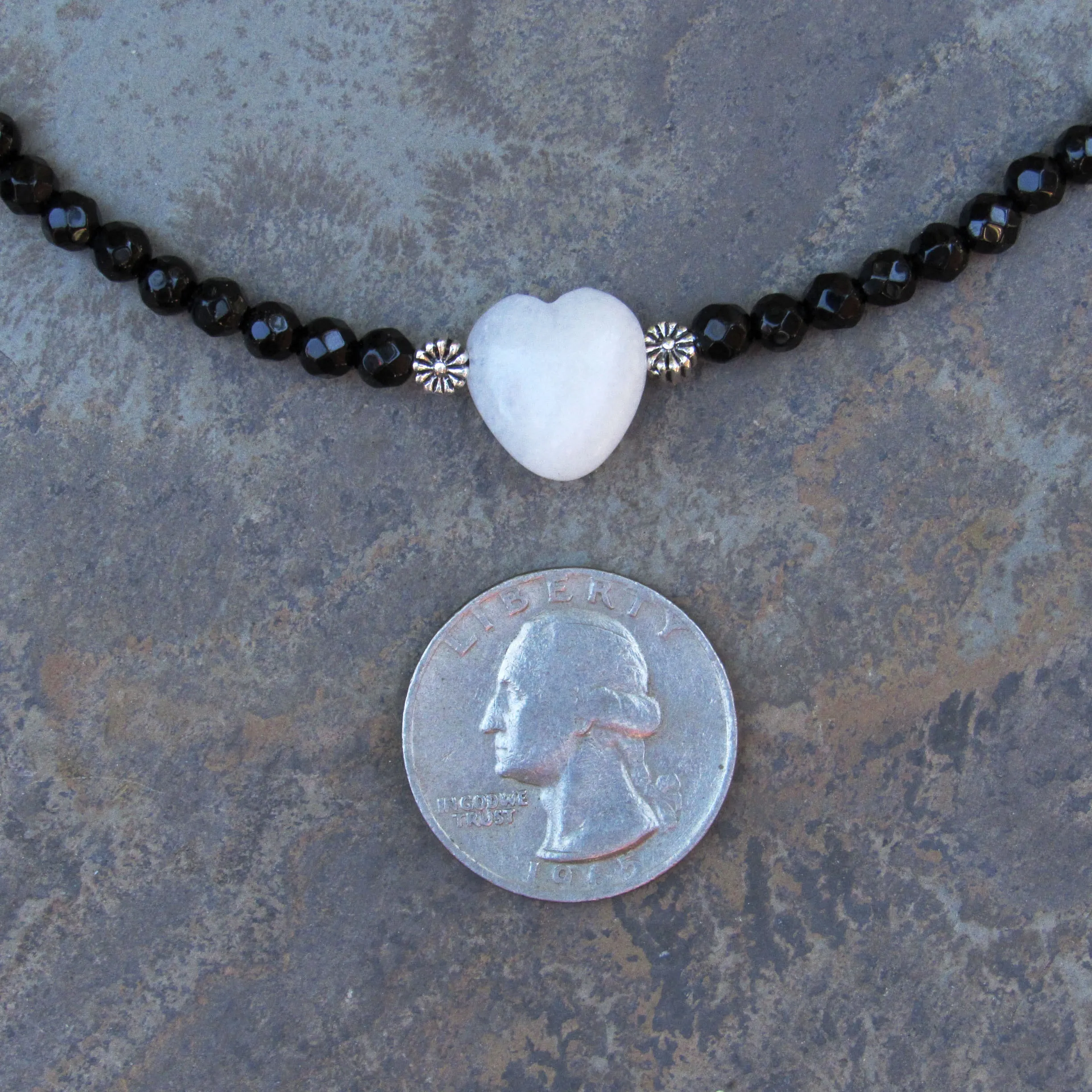 White Jade Heart, Faceted Onyx, and Sterling Silver Choker