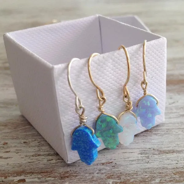 White Opal Hamsa Dangle Earrings