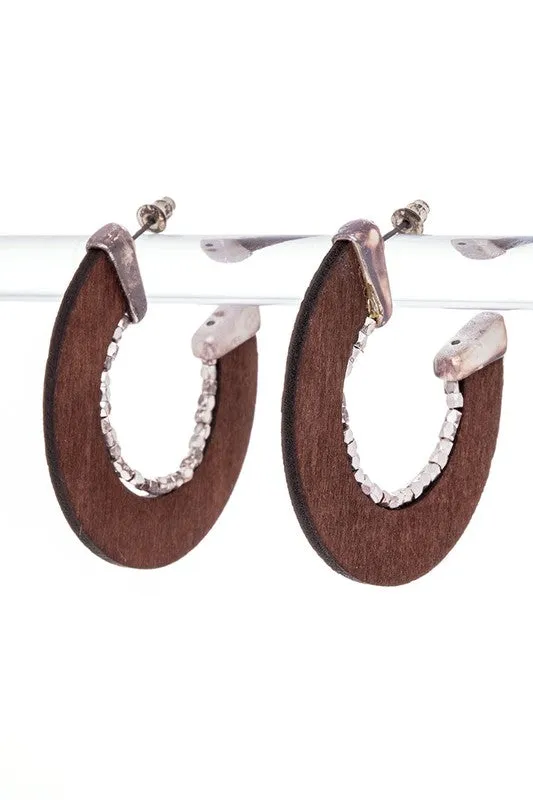 Wooden Cutout Beaded Hoop Earrings